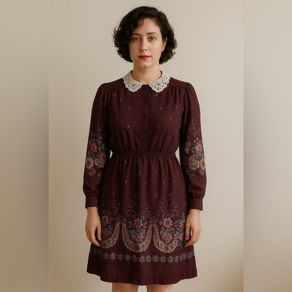 70s Vintage Elegant Burgundy Dress with Lace Collar - Picture 1 of 9